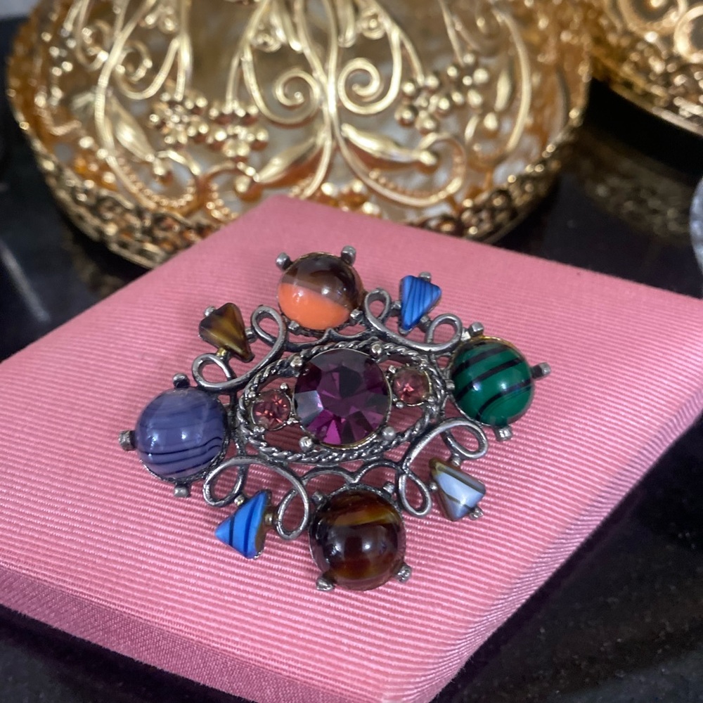 Exquisite Antique Multicolored Gemstone Brooch - image 4